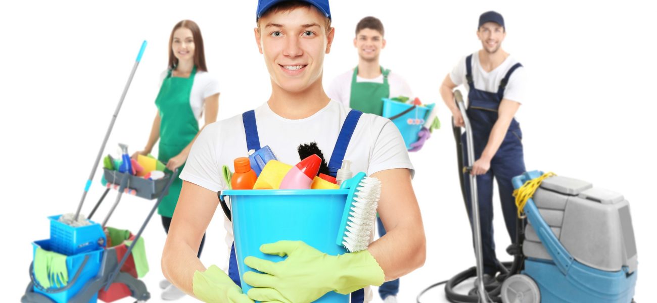 Janitor and professional team of cleaning service on white background